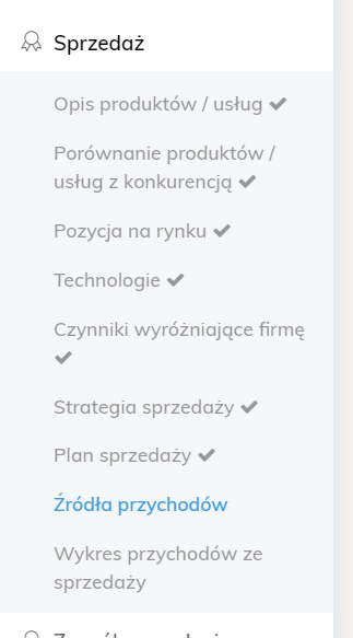 menu źródła przychodów