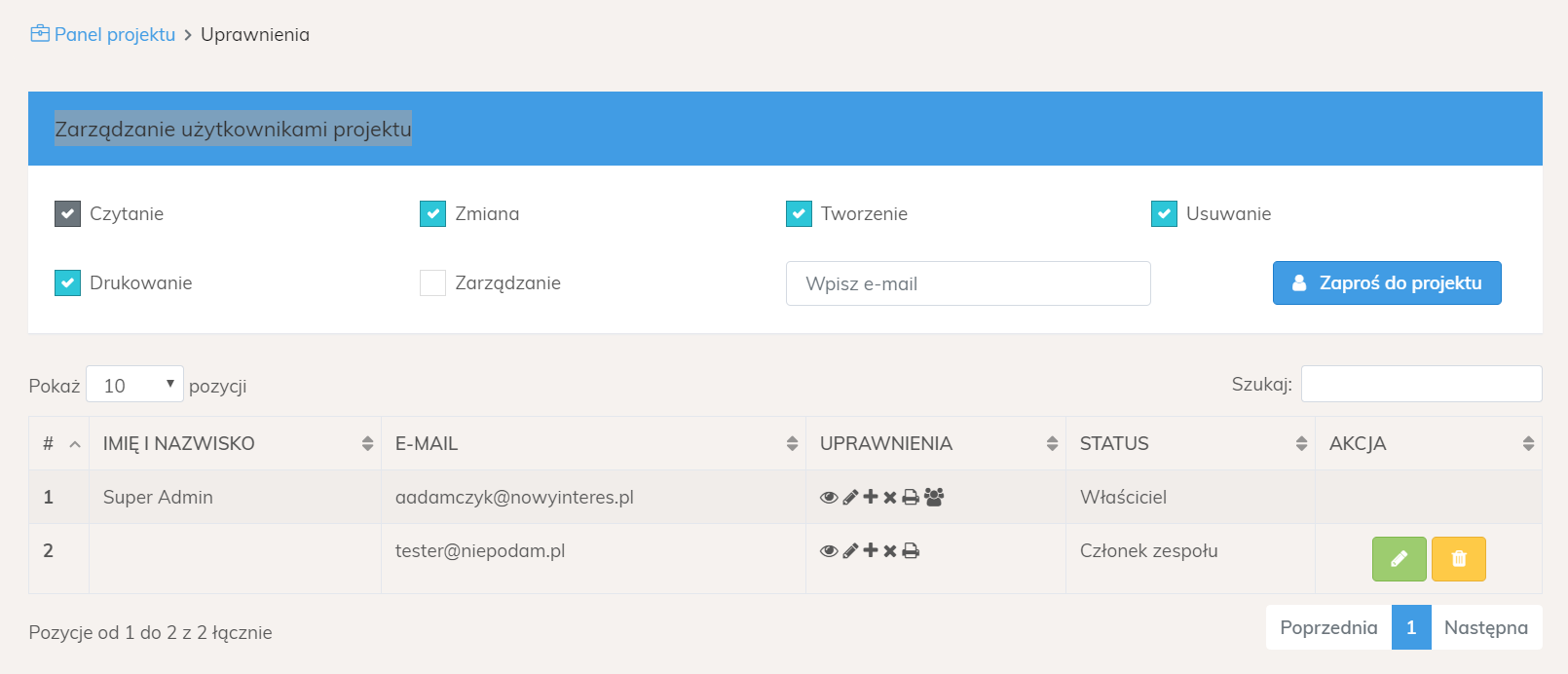 Lista użytkowników projektu