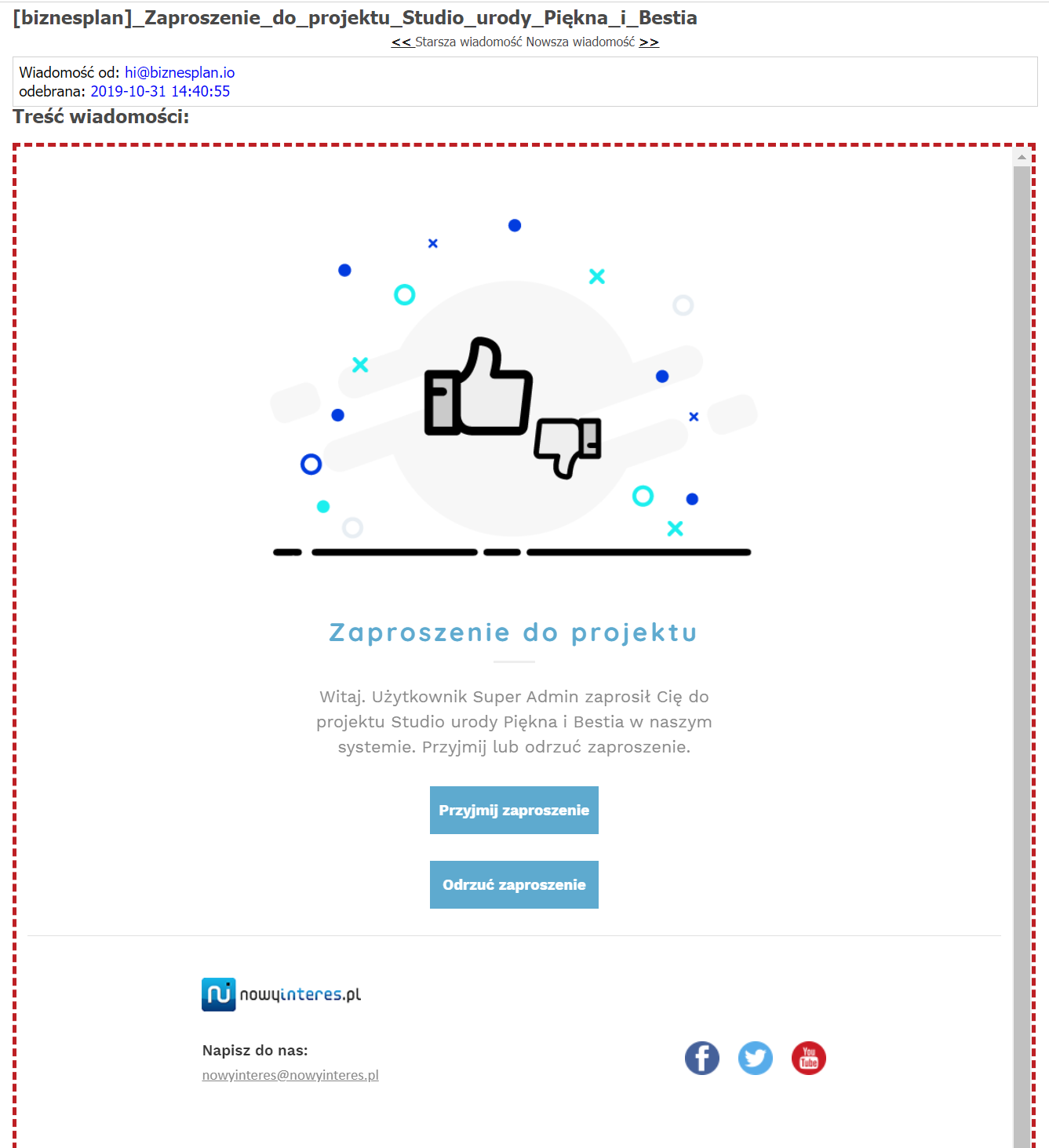 Mail z zaproszeniem dla użytkownika